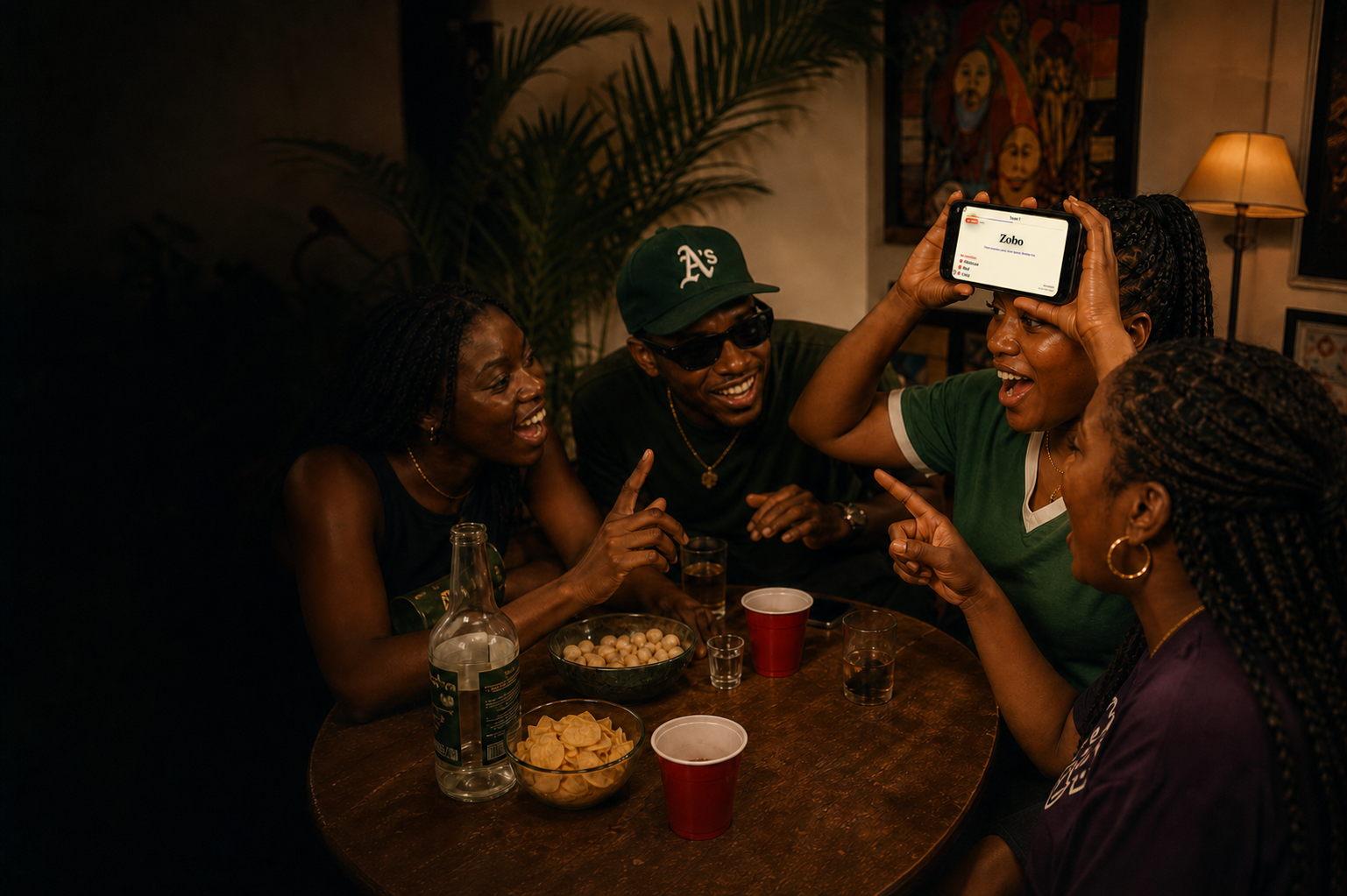 A player holds the Wetin Be Dis game to her forehead while friends laugh and shout clues